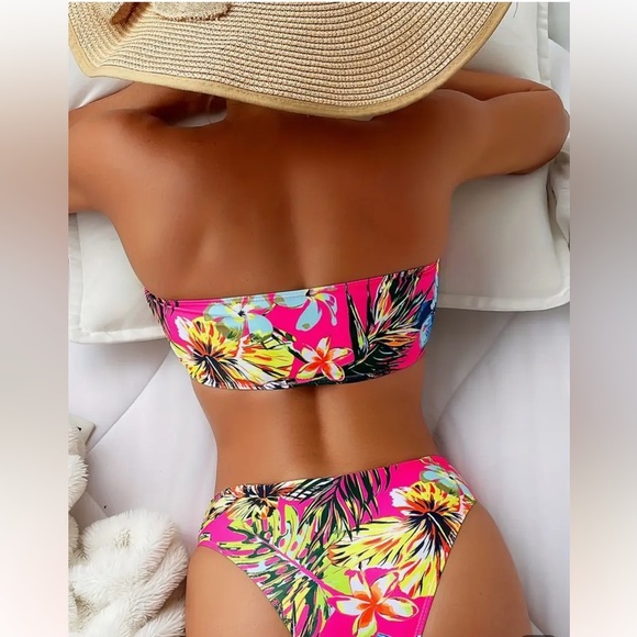Tropical Floral Bandeau Tube Top High Waisted Bikini Size Small NWT New - Picture 3 of 12